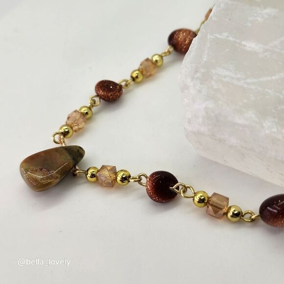 Sparkling Handmade Orange Green Ocean Jasper and Goldstone Necklace - Picture 1 of 10